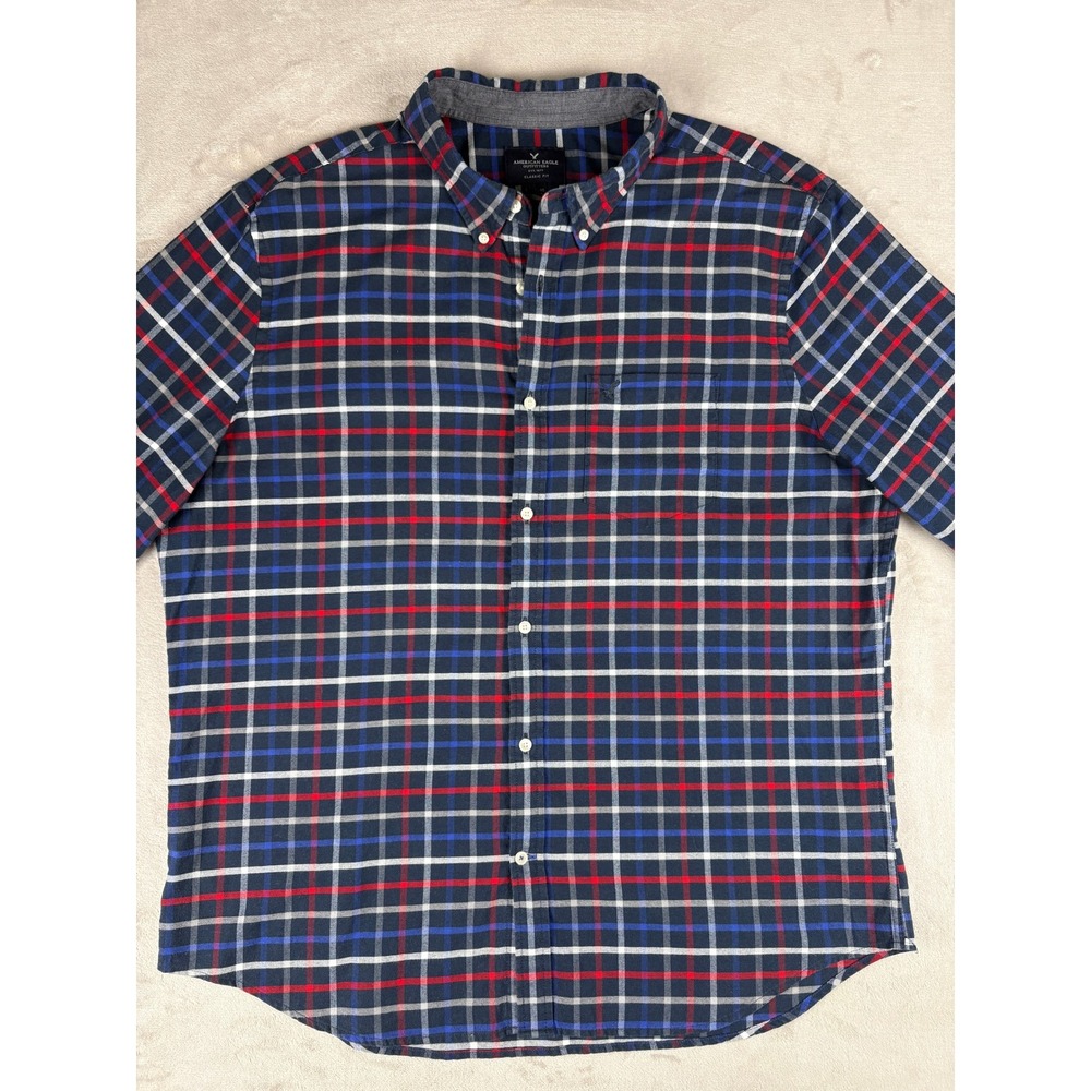 American‎ Eagle Mens XXL Classic Fit Plaid Button Down Shirt Navy Blue Red White